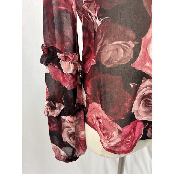 White House Black Market Rosé Floral Blouse Romantic Feminine Ruffle Sleeve XS - Picture 4 of 10